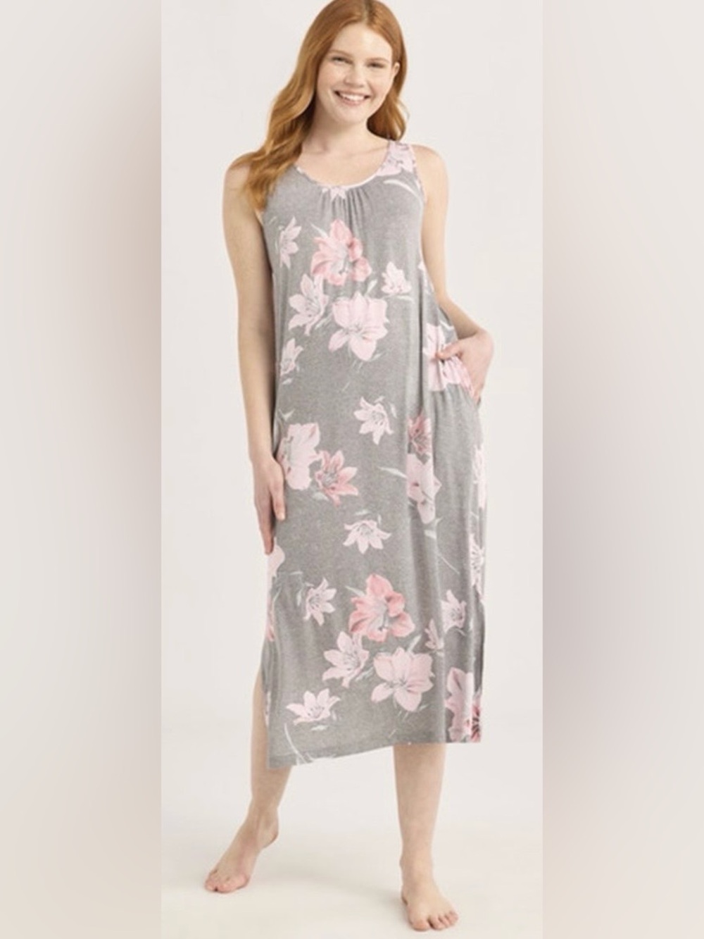 JOYSPUN, Women’s Floral Gray & Pink Nightgown, Size Large